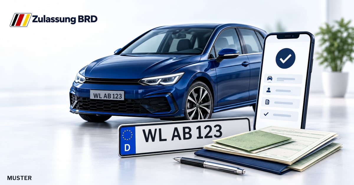 Online Fahrzeugzulassung in Buchholz in der Nordheide: Musterkennzeichen WL AB 123, Auto und Fahrzeugpapiere und Smartphone. Illustration mit Logo von Zulassung BRD.